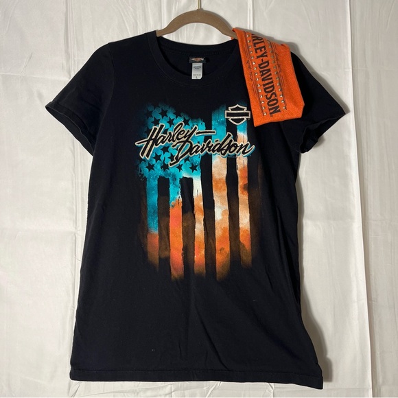 Harley-Davidson Black Cotton Tee Short sleeve Women’s Sz L with Headband - Picture 1 of 6